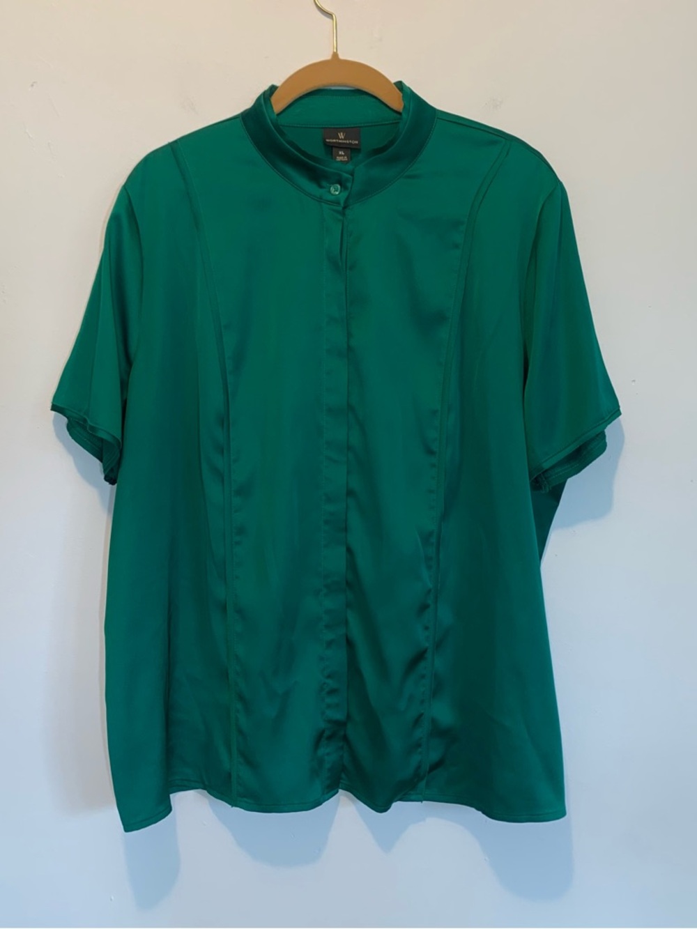 Worthington Satin Emerald Green Button Up Shirt XL Mandarin Collar